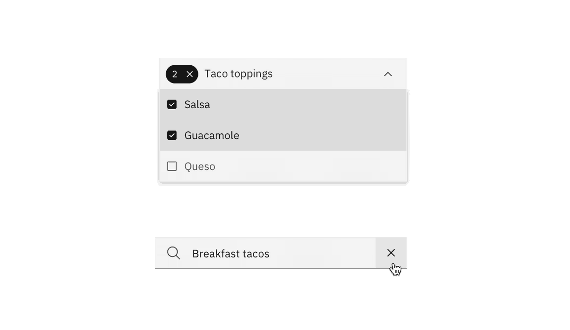Example of clear in multiselect dropdown and in a search field Example of clear in multiselect dropdown and in a search field