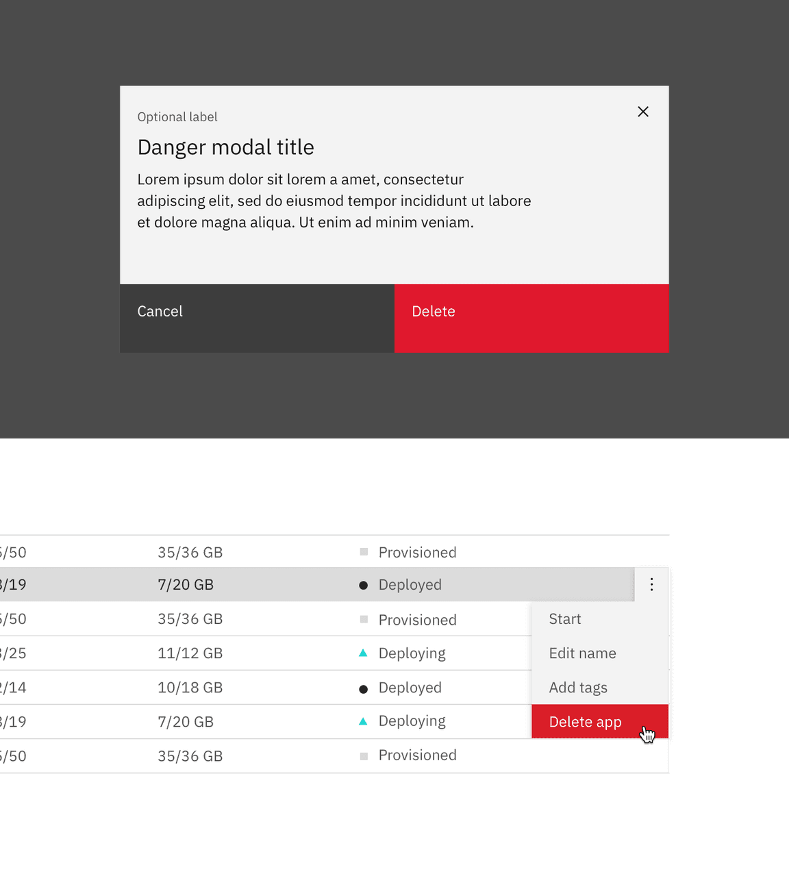 Example of delete in a modal and overflow menu Example of delete in a modal and overflow menu